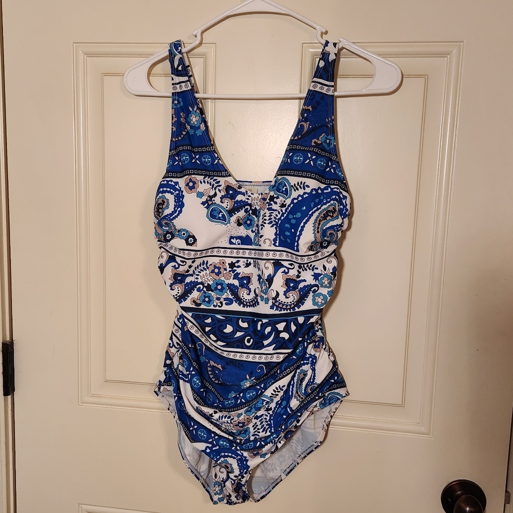 NWT Blue Pattern One Piece Swimsuit with Rouching size 10
